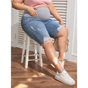 Maternity PLUS SIZE Wide Waistband Ripped Denim Shorts